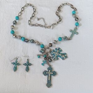 Vtg Necklace & Earrings Crosses Charms Beads Silvertone Turquoise Rhinestones